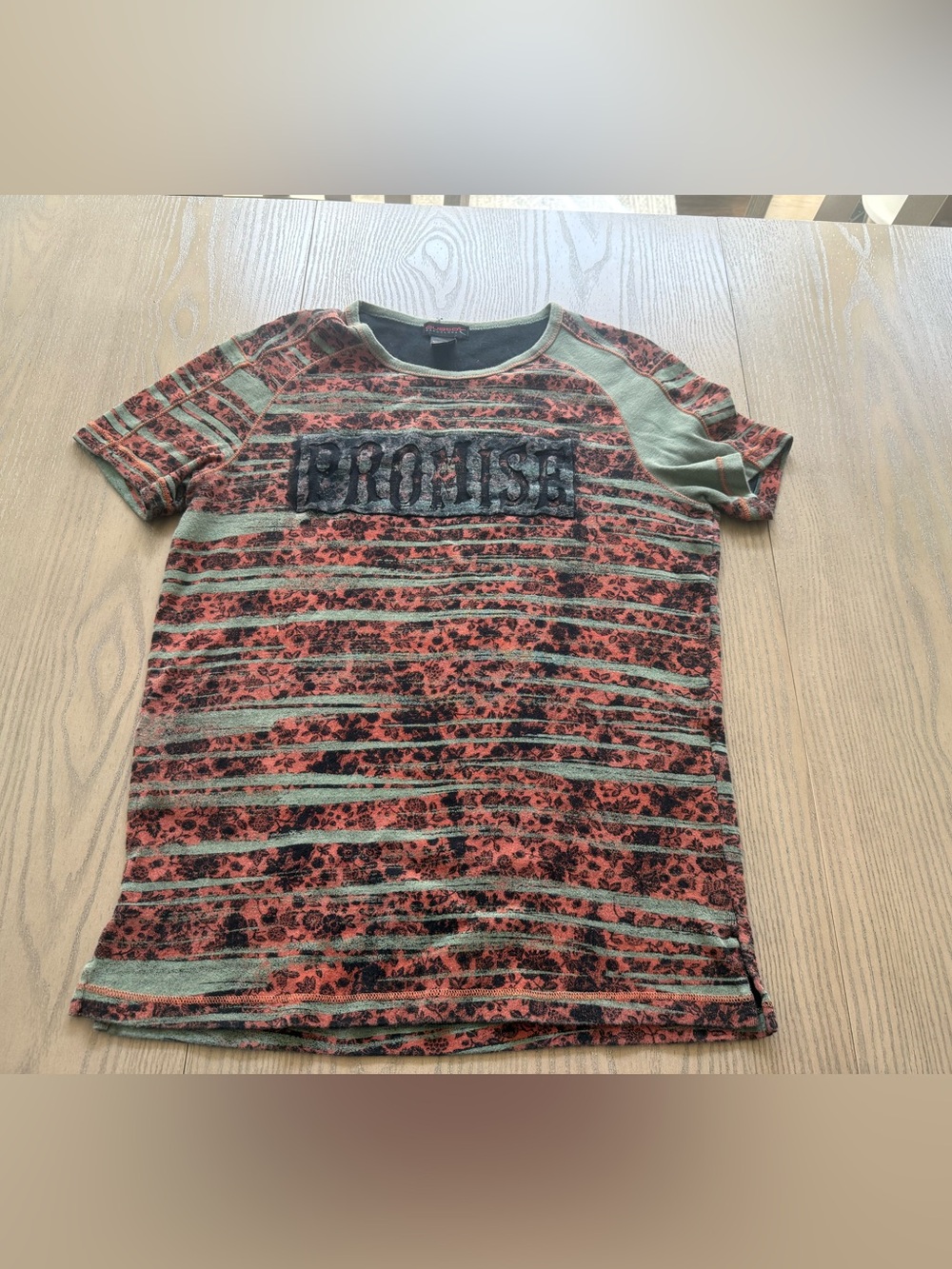Custo Barcelona Coral and Sage Striped Floral Short Sleeve Tee